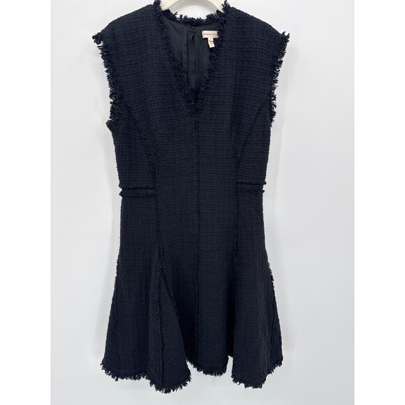 Rebecca Taylor Black Tweed V-Neck Fringe Fit And Flare Dress Size 8 EUC - Picture 2 of 8